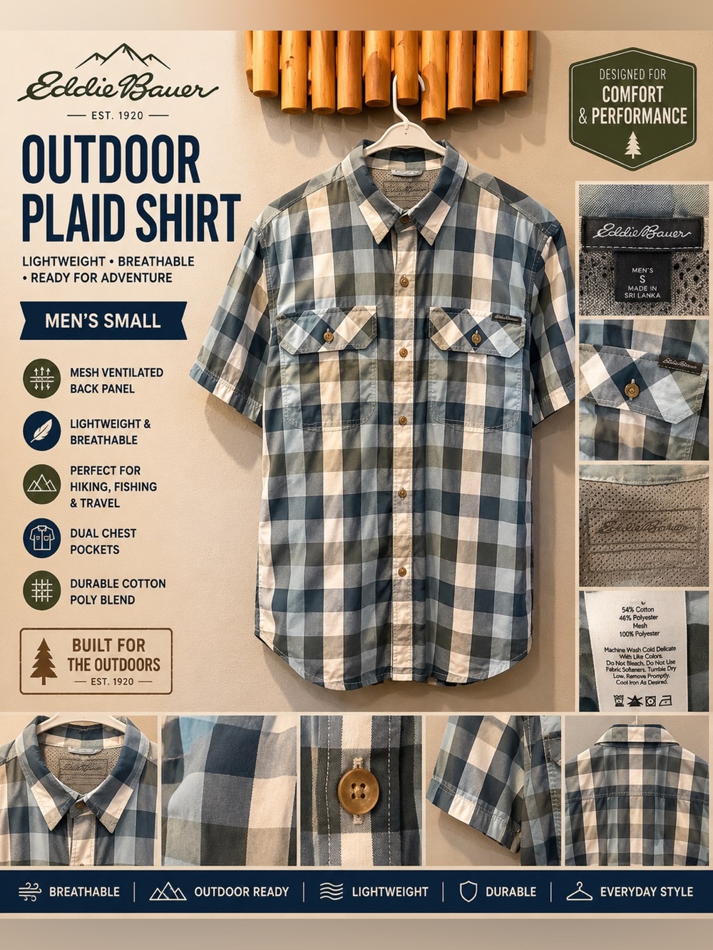 Eddie Bauer Blue Plaid Outdoor Hiking Fishing Shirt Men’s Small Short Sleeve